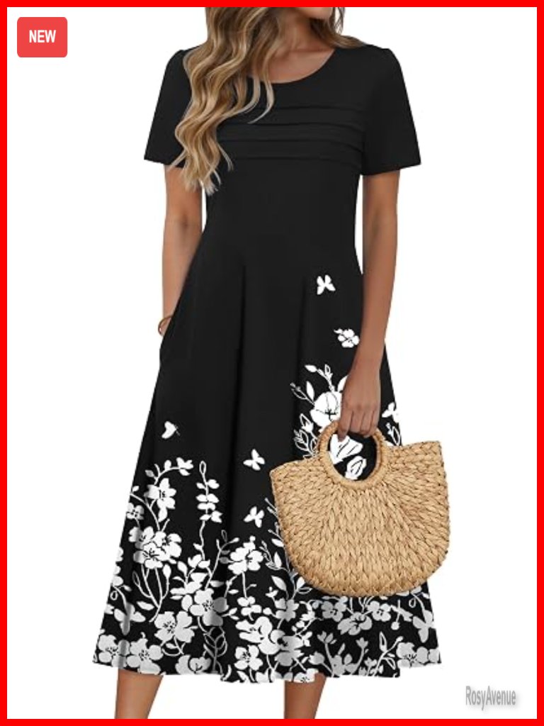 Short Sleeve Flare Midi Dress With Pockets Casual Summer Sundress